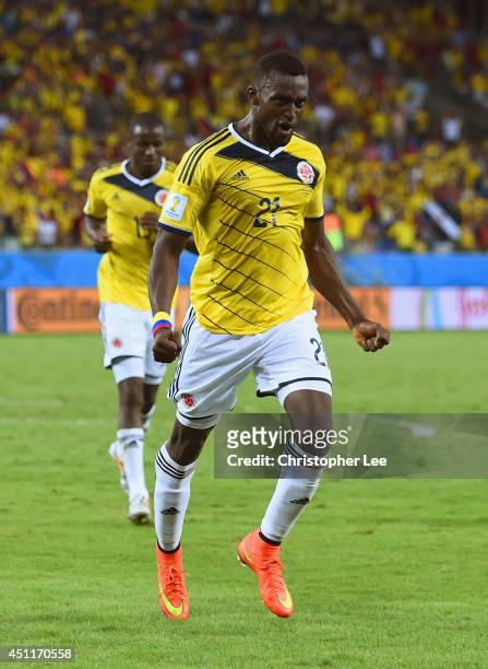 Jackson Martinez of Colombia celebrates scoring his team's third goal during the 2014 FIFA World Cup Brazil Group C match between Japan and Colombia...