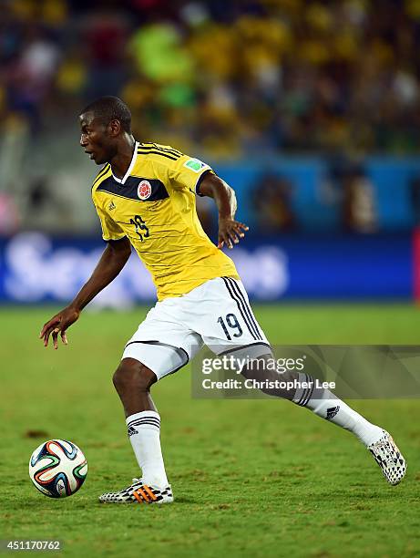 Adrian Ramos of Colombia controls the ball during the 2014 FIFA World Cup Brazil Group C match between Japan and Colombia at Arena Pantanal on June...
