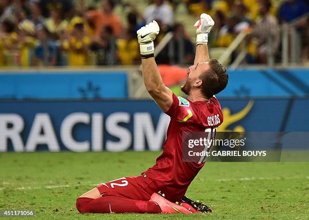 Greece's goalkeeper Panagiotis Glykos celebrates after his team scored during a Group C football match between Greece and Ivory Coast at the Castelao...