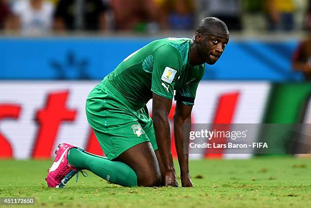 Yaya Toure of the Ivory Coast reacts during the 2014 FIFA World Cup Brazil Group C match between Greece and Cote D'Ivoire at Estadio Castelao on June...