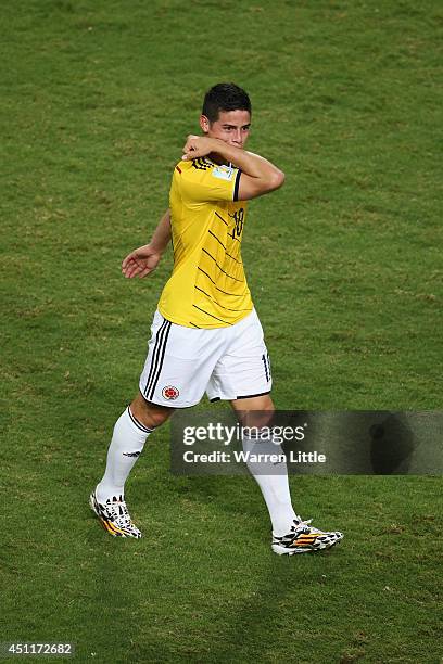 James Rodriguez of Colombia celebrates scoring his team's fourth goal during the 2014 FIFA World Cup Brazil Group C match between Japan and Colombia...