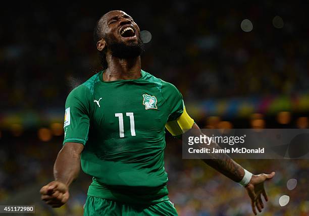 Didier Drogba of the Ivory Coast celebrates his team's first goal during the 2014 FIFA World Cup Brazil Group C match between Greece and the Ivory...