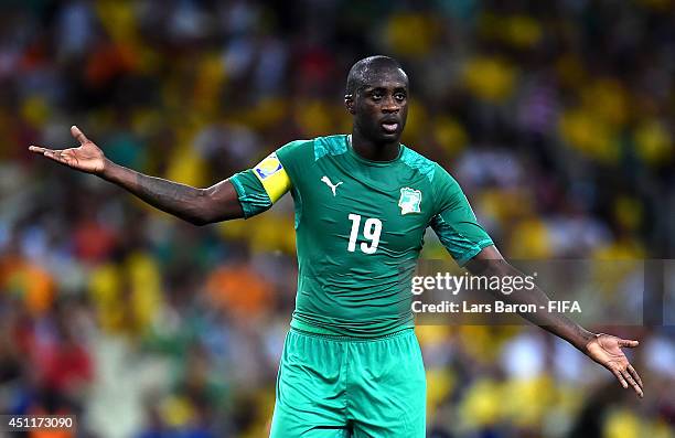 Yaya Toure of the Ivory Coast reacts during the 2014 FIFA World Cup Brazil Group C match between Greece and Cote D'Ivoire at Estadio Castelao on June...