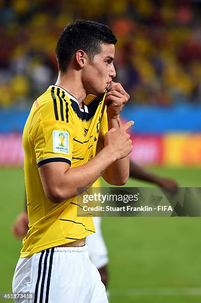 James Rodriguez of Colombia celebrates scoring his team's fourth goal during the 2014 FIFA World Cup Brazil Group C match between Japan and Colombia...