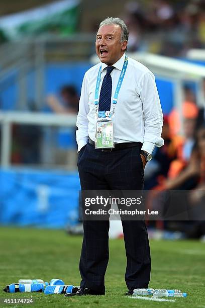 Alberto Zaccheroni of Japan looks on during the 2014 FIFA World Cup Brazil Group C match between Japan and Colombia at Arena Pantanal on June 24,...