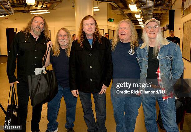 Dave Mustaine of Megadeth poses with Doug Phelps, Fred Young, Richard Young and Greg Martin of The Kentucky Headhunters during rehearsals of Playin'...