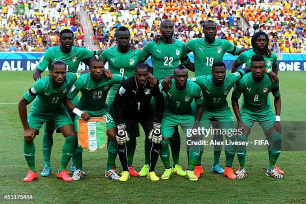 The Ivory Coast pose for a team photo during the 2014 FIFA World Cup Brazil Group C match between Greece and Cote D'Ivoire at Estadio Castelao on...