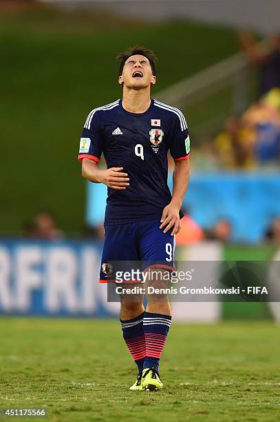 Shinji Okazaki of Japan reacts during the 2014 FIFA World Cup Brazil Group C match between Japan and Colombia at Arena Pantanal on June 24, 2014 in...