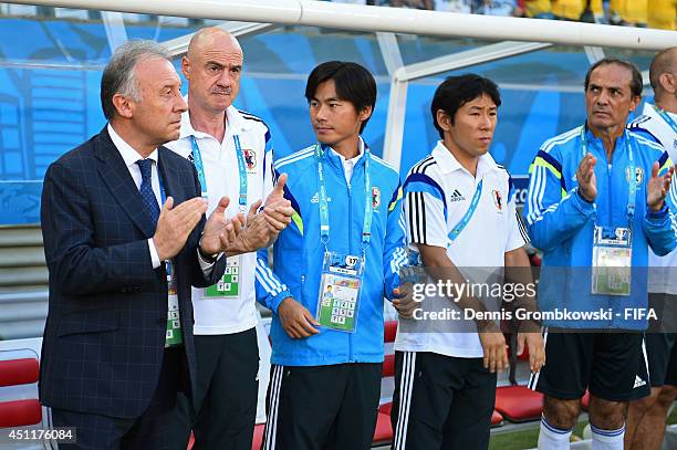 Alberto Zaccheroni of Japan claps prior to the 2014 FIFA World Cup Brazil Group C match between Japan and Colombia at Arena Pantanal on June 24, 2014...