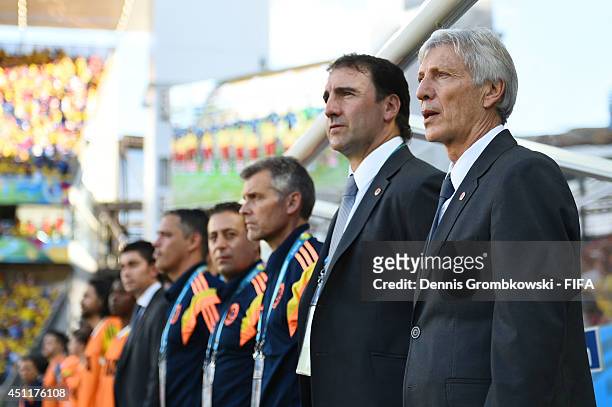 Coach Jose Pekerman of Colombia looks on prior to the 2014 FIFA World Cup Brazil Group C match between Japan and Colombia at Arena Pantanal on June...
