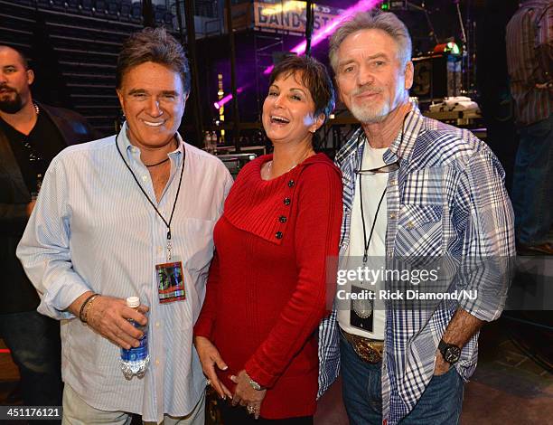 Sheppard, Nancy Jones and Larry Gatlin pose during rehearsals of Playin' Possum! The Final No Show Tribute To George Jones at Bridgestone Arena on...