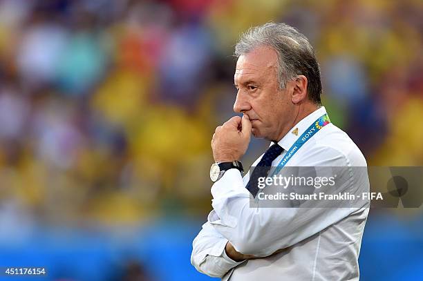 Head coach Alberto Zaccheroni of Japan looks on during the 2014 FIFA World Cup Brazil Group C match between Japan and Colombia at Arena Pantanal on...