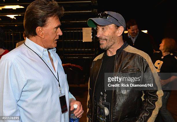 Sheppard and Lee Greenwood speak during rehearsals of Playin' Possum! The Final No Show Tribute To George Jones at Bridgestone Arena on November 21,...
