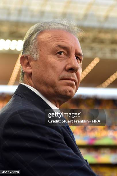Head coach Alberto Zaccheroni of Japan looks on prior to the 2014 FIFA World Cup Brazil Group C match between Japan and Colombia at Arena Pantanal on...