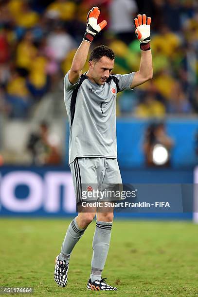 David Ospina of Colombia acknowledges the fans as he is replaced during the 2014 FIFA World Cup Brazil Group C match between Japan and Colombia at...