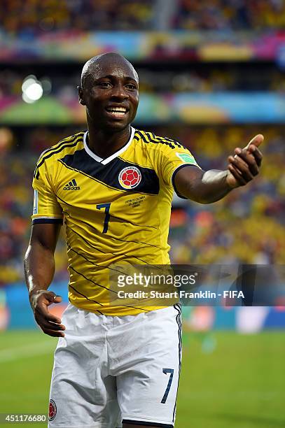 Pablo Armero of Colombia celebrates after the 2014 FIFA World Cup Brazil Group C match between Japan and Colombia at Arena Pantanal on June 24, 2014...