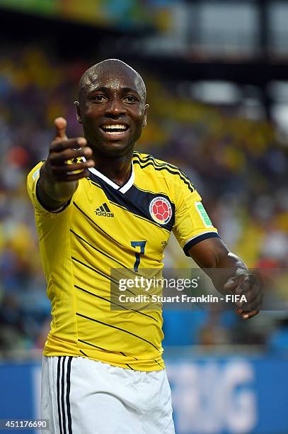 Pablo Armero of Colombia celebrates after the 2014 FIFA World Cup Brazil Group C match between Japan and Colombia at Arena Pantanal on June 24, 2014...