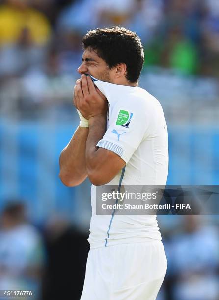 Luis Suarez of Uruguay reacts after a clash with Giorgio Chiellini of Italy during the 2014 FIFA World Cup Brazil Group D match between Italy and...