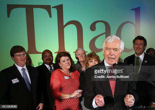 Sen. Thad Cochran speaks to supporters during his "Victory Party" after holding on to his seat after a narrow victory over Chris McDaniel at the...