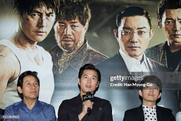 South Korean actors Ahn Sung-Ki, Jung Woo-Sung and Lee Bum-Soo attend 'The Divine Move' press screening at MEGA Box on June 24, 2014 in Seoul, South...