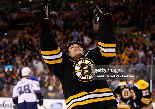 Gregory Campbell of the Boston Bruins celebrates his goal in the first period against the St Louis Blues at TD Garden on November 21, 2013 in Boston,...