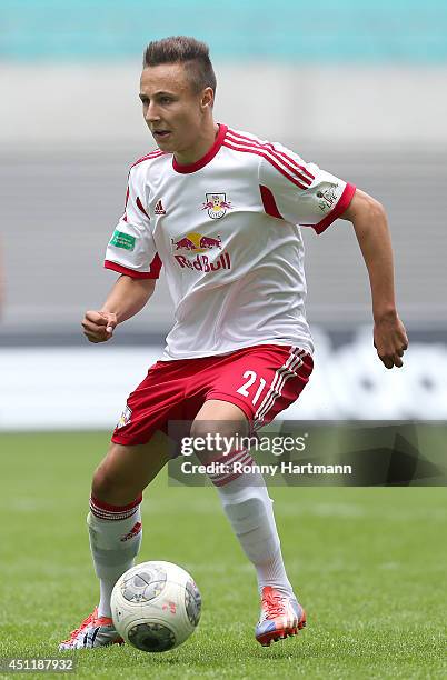 Dominik Franke of Leipzig controls the ball during the B Juniors Bundesliga semi final second leg match between RasenBallsport Leipzig and 1. FSV...