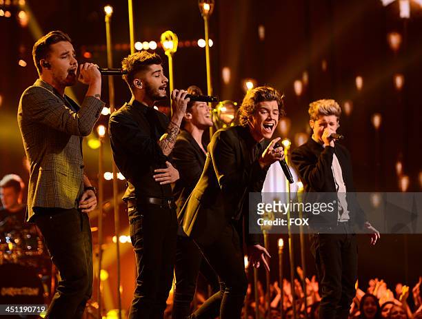 Liam Payne, Zayn Malik, Louis Tomlinson, Harry Styles and Niall Horan of 'One Direction' perform on FOX's "The X Factor" Season 3 Top 10 To 9 Live...