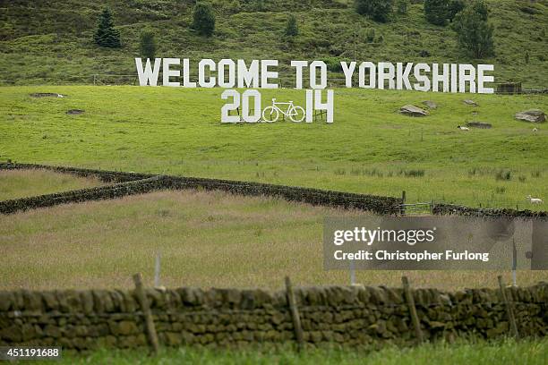 Giant 'Welcome to Yorkshire' sign adorns the dales near Haworth on route two as Yorkshire prepares to host the Tour de France Grand Depart, on June...