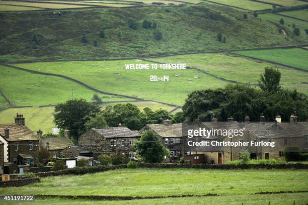 Giant 'Welcome to Yorkshire' sign adorns the dales near Haworth on route two as Yorkshire prepares to host the Tour de France Grand Depart, on June...