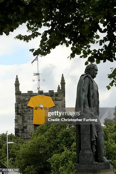 Church is adorned with a giant yellow jersey in Ilkley Yorkshire prepares to host the Tour de France Grand Depart, on June 24, 2014 in Ilkley, United...