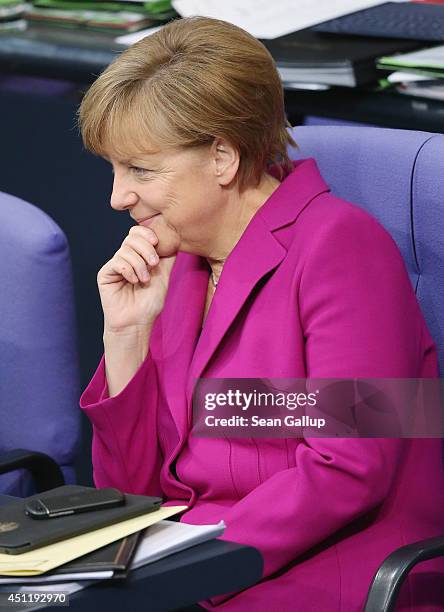 German Chancellor Angela Merkel, who is also Chairwoman of the German Christian Democrats , attends debates at the Bundestag over the Chancellery...