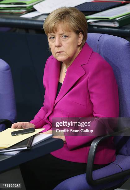 German Chancellor Angela Merkel, who is also Chairwoman of the German Christian Democrats , attends debates at the Bundestag over the Chancellery...