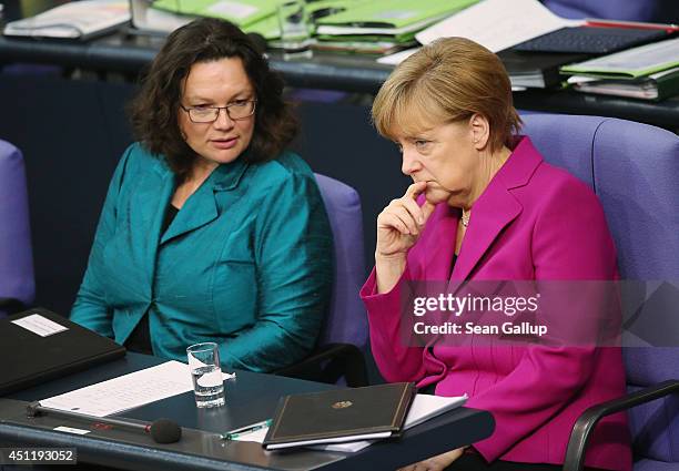 German Chancellor Angela Merkel , who is also Chairwoman of the German Christian Democrats , and Minister of Work and Social Issues Andrea Nahles of...