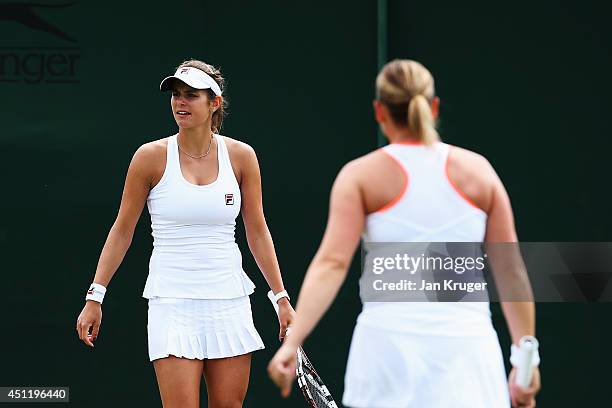 Julia Goerges and Anna-Lena Groenefeld of Germany during their Ladies Doubles first round match against Vesna Dolonc of Serbia and Daniela Seguel of...