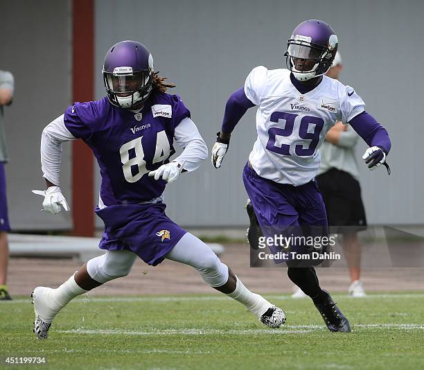 Xavier Rhodes of the Minnesota Vikings works out during Minicamp sessions at the Winter Park training facility on June 18, 2014 in Eden Prairie,...