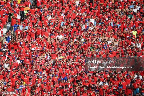 Chile fans cheer and show their support during the 2014 FIFA World Cup Brazil Group B match between the Netherlands and Chile at Arena de Sao Paulo...