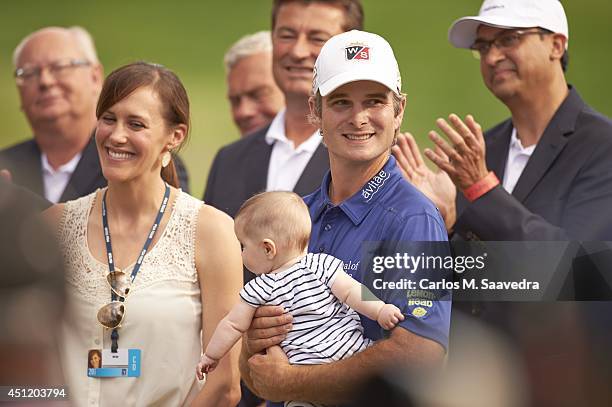 Travelers Championship: Kevin Streelman victorious, with his wife Courtney, and holding their 6-month-old daughter Sophia, after winning tournament...