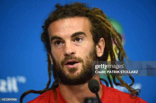 Midfielder Kyle Beckerman answers journalists during a press conference in the Pernambuco Arena in Recife on June 25, 2014 on the eve of the Group G...