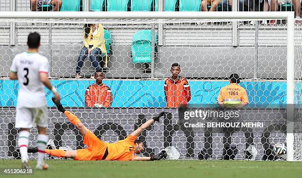 Iran's goalkeeper Alireza Haghighi fails to save a goal scored by Bosnia-Herzegovina's forward Edin Dzeko during a Group F football match between...