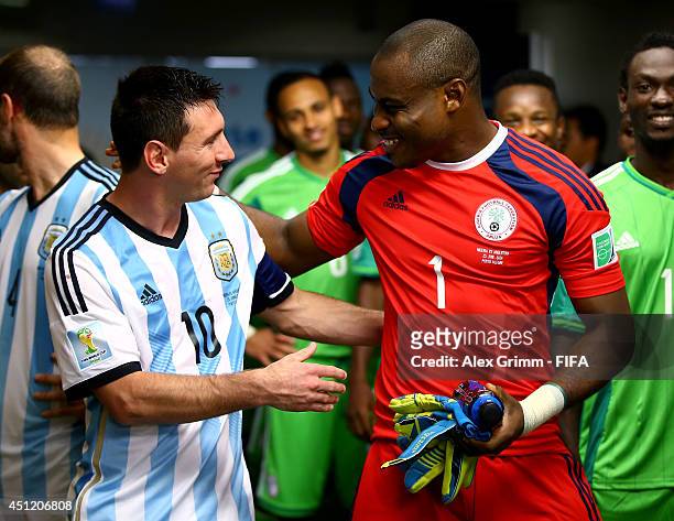 Lionel Messi of Argentina and Vincent Enyeama of Nigeria greet in the tunnel prior to the 2014 FIFA World Cup Brazil Group F match between Nigeria...
