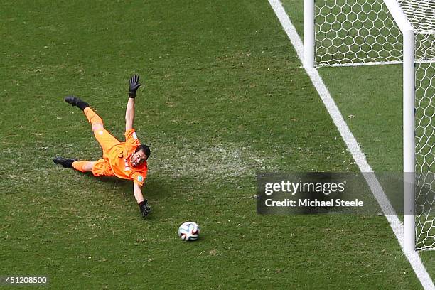 Goalkeeper Alireza Haghighi of Iran dives in vain after Emir Spahic of Bosnia and Herzegovina shoots and scores his team's first goal during the 2014...