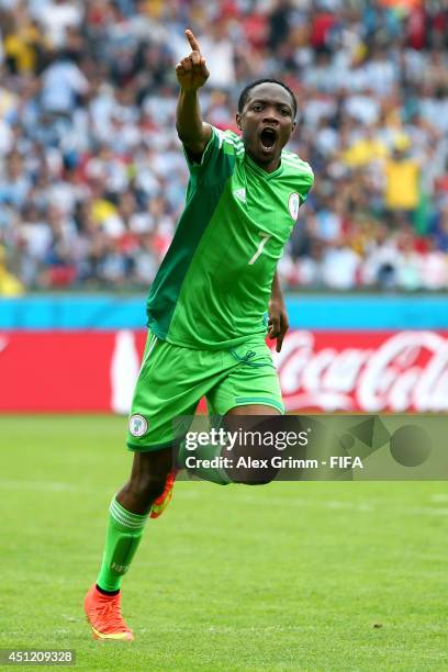 Ahmed Musa of Nigeria celebrates scoring his team's second goal during the 2014 FIFA World Cup Brazil Group F match between Nigeria and Argentina at...