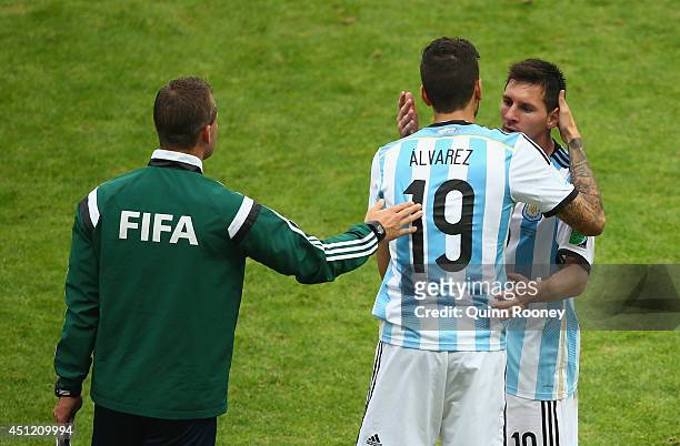 Ricardo Alvarez of Argentina enters the game for Lionel Messi during the 2014 FIFA World Cup Brazil Group F match between Nigeria and Argentina at...