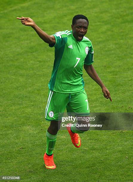 Ahmed Musa of Nigeria celebrates scoring his team's second goal and his second of the game during the 2014 FIFA World Cup Brazil Group F match...