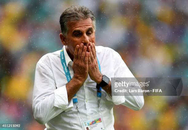 Head coach Carlos Queiroz of Iran gestures during the 2014 FIFA World Cup Brazil Group F match between Bosnia-Herzegovina and Iran at Arena Fonte...