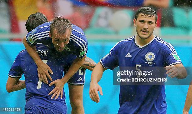 Bosnia-Herzegovina's midfielder Avdija Vrsajevic is lifted by Bosnia-Herzegovina's midfielder Muhamed Besic as Bosnia-Herzegovina's defender Sead...