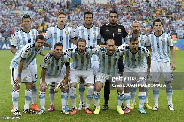 Argentina's defender Marcos Rojo, defender Federico Fernandez, defender Ezequiel Garay, goalkeeper Sergio Romero, midfielder Javier Mascherano and...