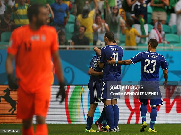 Bosnia-Herzegovina's midfielder Sejad Salihovic and Bosnia-Herzegovina's forward Edin Dzeko react after they won a Group F football match between...