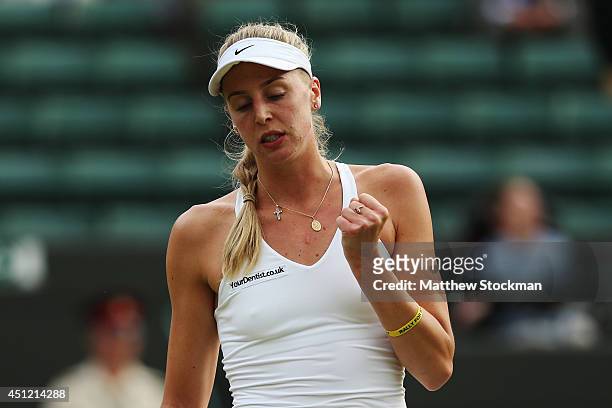 Naomi Broady of Great Britain celebrates during her Ladies' Singles second round match against Caroline Wozniacki of Denmark on day three of the...