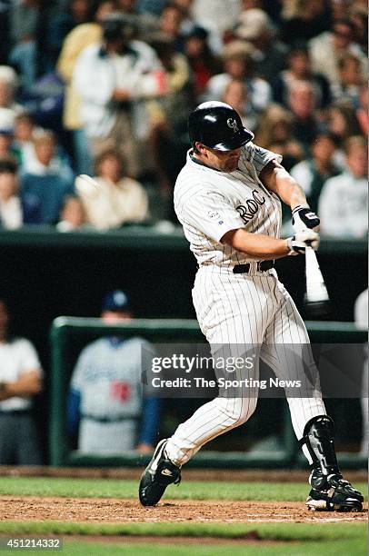 Dante Bichette of the Colorado Rockies bats against the Los Angeles Dodgers at Coors Field on September 16, 1996 in Denver, Colorado.